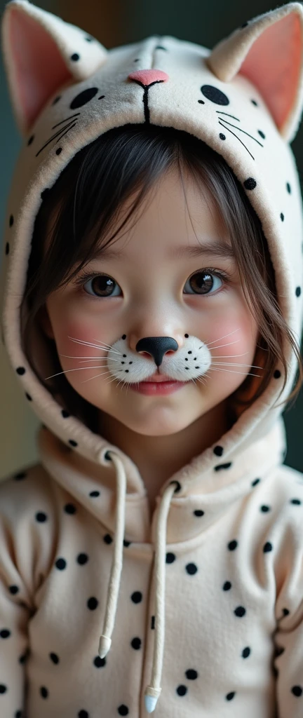 The beautiful Chinese asian adult girl with beautiful cheeks wears house cat lycra turtleneck unitard catsuit covered with spots and house cat lycra elastane stretchy dancewear inner hijab-like hood covered with spots.She is happy.She always put fake animal nose that are made of black makeup marker pen.She acts a cute cat.
