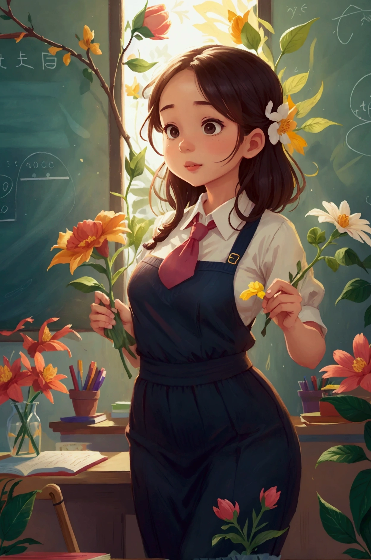 In bright classrooms，Teacher holding flowers，