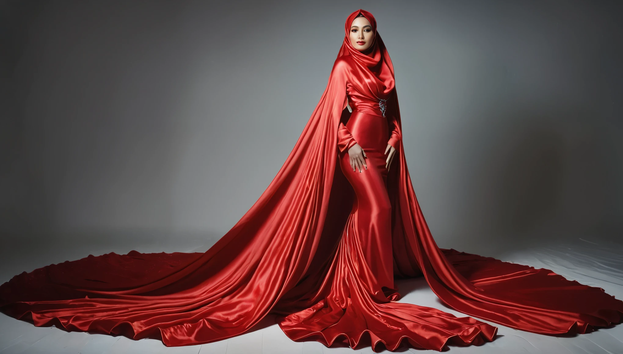 A woman shrouded in a 10-meter-long, plush red satin cloth, tightly bound and grandly draping along the form of her body, flowing off into a pooled floor-length train, styled in a mermaid-inspired outfit, her head modestly veiled in a satin hijab, tall woman, in photo studio, a full-body pose posing in front of people, captured in a 4k resolution, ultra-realistic