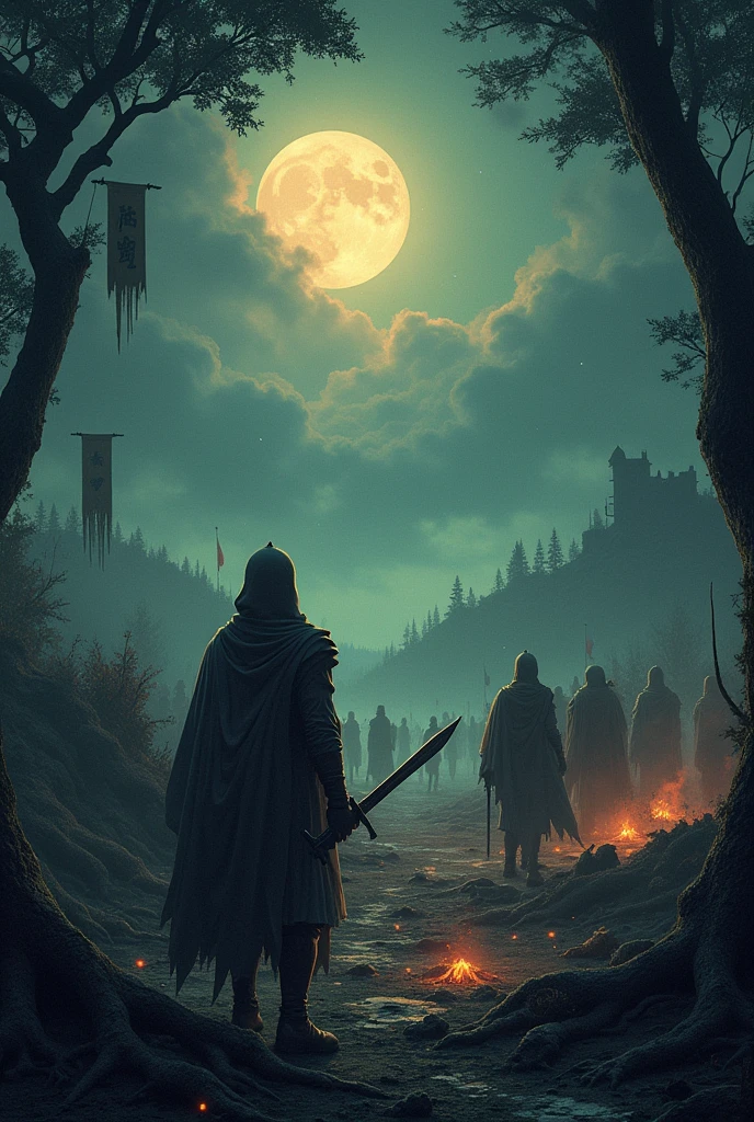 (“Jung-e-badre vilayath”) write this sentence in a banners showing the old battlefield with horror night 