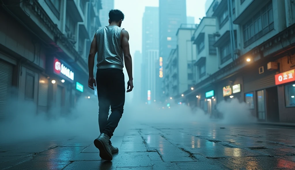 Close camera side shot to the boot of Asia male walking on the street of cyberpunk Saigon city, wearing a silver tech vest. Gray city, deserted streets, skyscrapers with sparkling blue LED lights. Lighting: Gray tones with dim neon lights. Effects: Smoke and blue light running along the buildings. Special: Stifling and quiet atmosphere, city not activated.