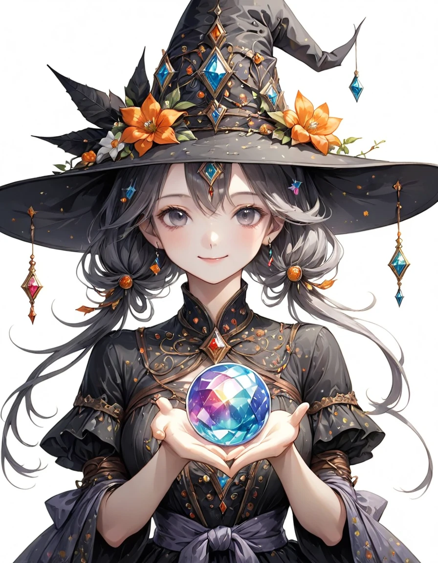 Highest quality、High resolution、(Beautiful face in every detail:1.4)、(Draw a picture to fit on the canvas:1.5)、Carefully draw your hands、Delicate hands、Elaborate hands、Anatomically correct、(Normal number of fingers:1.2)、(Highly detailed face)、Detailed eyes、age Beauty、Perfect body line、Stand in the center、so beautiful、 (((Blank Background:1.5, No background:1.5, Background white:1.5)))、１people、(Upper Body:2.0)、woman、(Smile:1.5)、Halloween、witch、The hat is very small、(Dark gray hair:2.0)、(Long, tied-up hair:2.0)、(witchの小さい帽子:1.5)、(The hat only has flowers on it:1.5)、Clothing decorated with jewels、Change the design of the clothes、(Victorian dress:1.5)、(Change the pose:2.0)、Beautiful fingers、(There is a big jewel on the hat:1.5)、(I have a large crystal ball that I use for fortune telling..5)、Don&#39;t overdraw the fingers、Change the way you hold your crystal ball、
