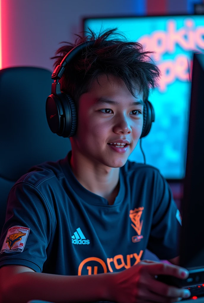An 18years old boy playing game on his jersey and Evo Maxx is written on his back side of jersey