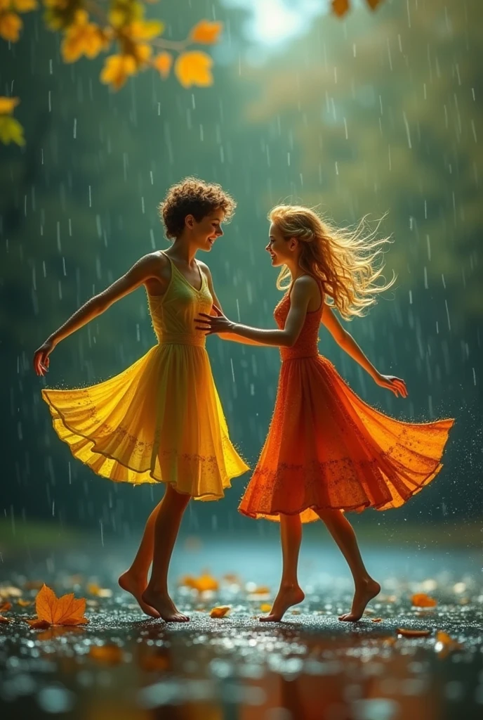 Two leaves dancing like a couple in rain video