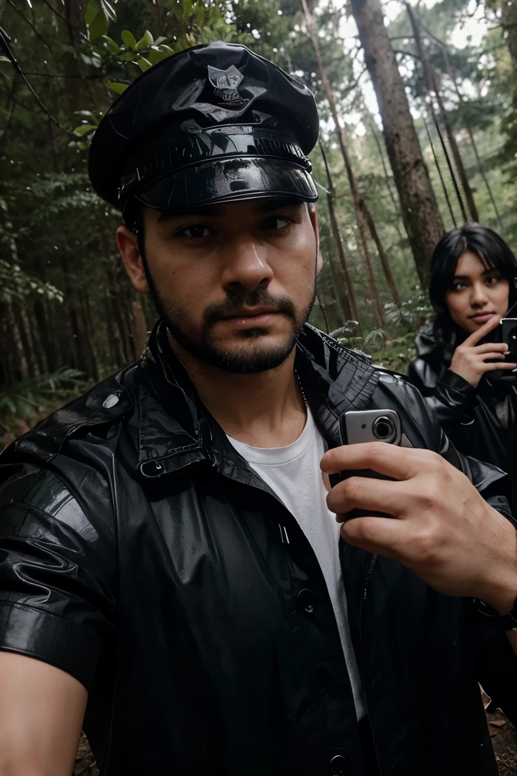 a young under cover police officer with black rain coat taking selfi with his team at rain time in the forest . he wear a white shirt and black pant . he has black hair and beard . there are only 5 man in his team ,