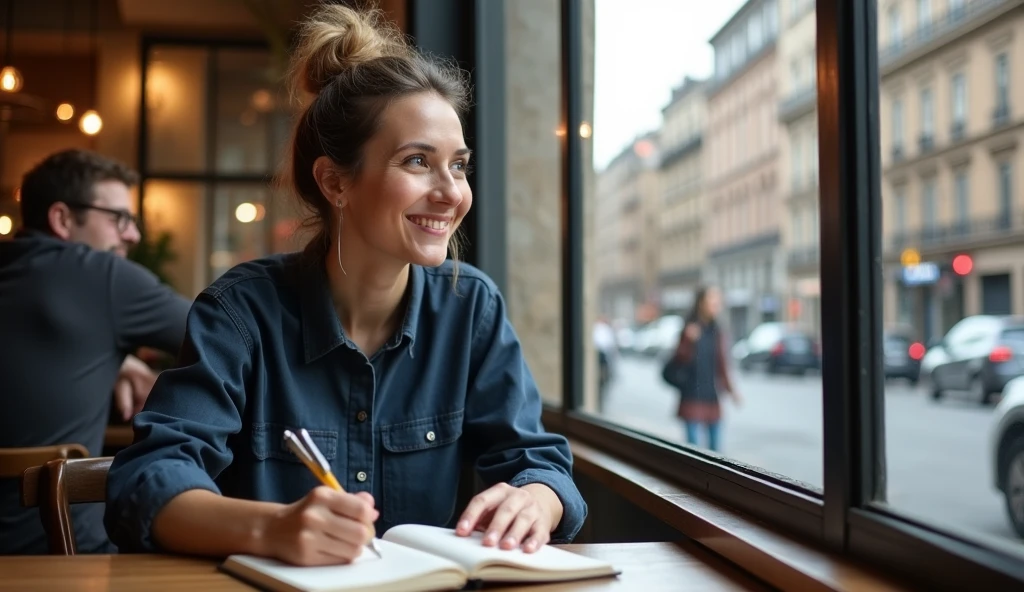 A modern-day person, sitting at a coffee shop, calmly writing in a journal. The person appears relaxed and focused, with a slight smile. The background shows the hustle and bustle of city life through the window, with people walking and cars passing by. The contrast between the inner calm of the person and the busy exterior symbolizes the practice of Stoicism in everyday life.
