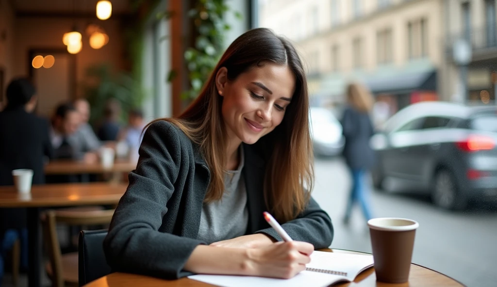A modern-day person, sitting at a coffee shop, calmly writing in a journal. The person appears relaxed and focused, with a slight smile. The background shows the hustle and bustle of city life through the window, with people walking and cars passing by. The contrast between the inner calm of the person and the busy exterior symbolizes the practice of Stoicism in everyday life.
