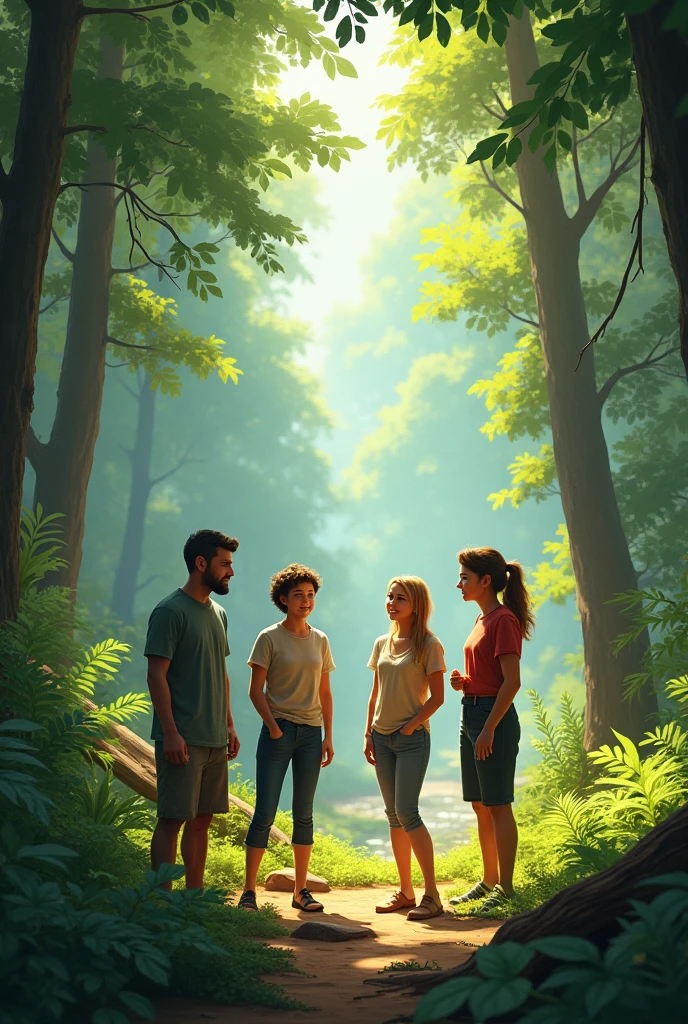 4 People talking in forest