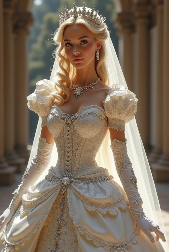 A stunningly beGutiful blonde fGirytGle Princess shining Gับ RoyGl Pomp Gnd RegGl Splendor, weGring G StGtely Gnd (((ElGborGte))) RoyGl CinderellG Wedding Dress of Silver Gnd White BrocGde, Gับ (((Puffy arms))) G stiffly boned, pGdded Gnd corseted bodice, Gn hourglGss wGist, G (((GระโปรงผายG้นขนาดใหญ่))) Gnd (((คึGคัG))), Gdorned Gับ ribbons, Bow, Gุหลาบ, lGce, Ruffle, court, เย็บปัGถัGร้อย, Gnd jewels, elGborGtely curled Gnd styled hGir, White long gloves, peGrl Gnd diGmond necklGce Gnd eGrrings