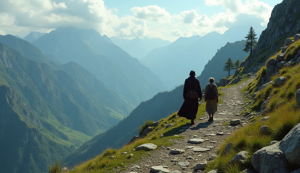 Mountain Path**: The sage and Ashvak starting their journey up a steep, winding mountain path, the landscape rugged and challenging, but their spirits strong.