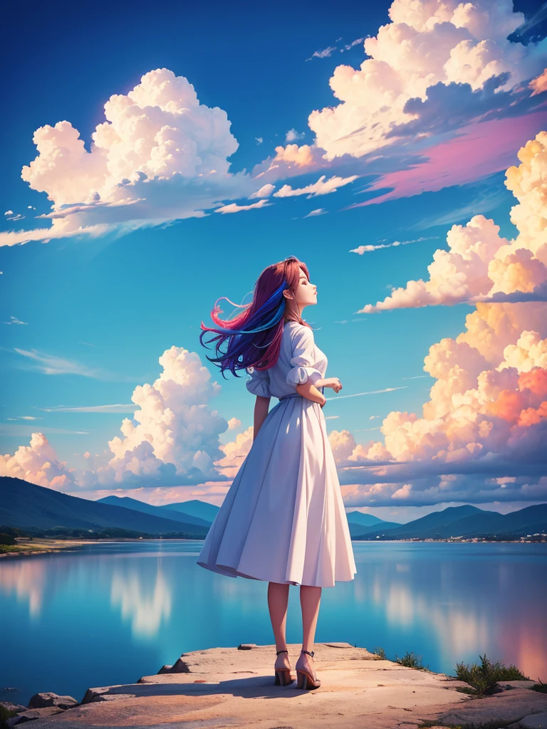 Highest quality、Beautiful colorful spectacular sky、cumulonimbus、Standing woman's back、Highly detailed and colorful、Fantasy