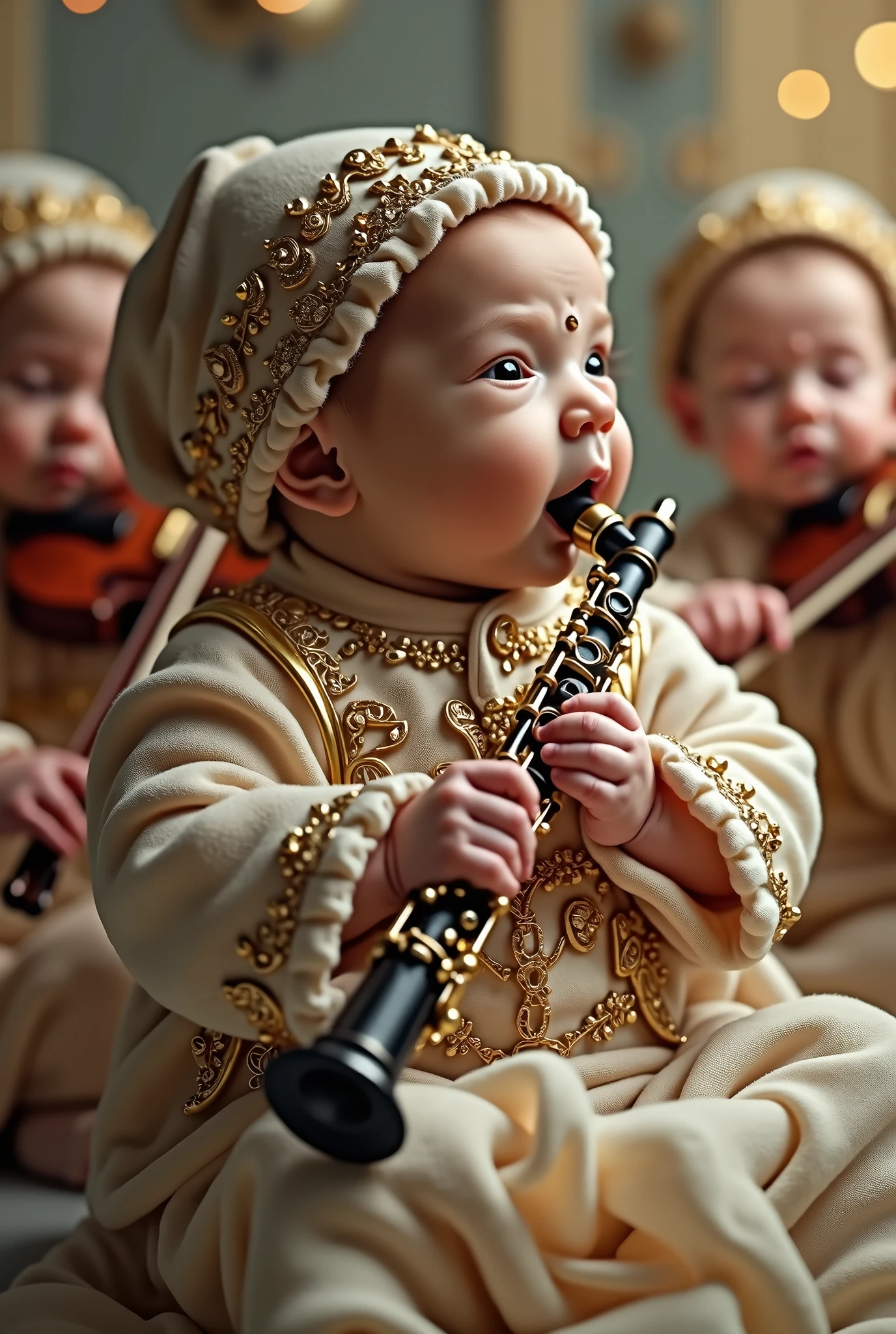 A dressed in an orchestral costume blows a real clarinet while behind him newborn babi the violin as in real life.