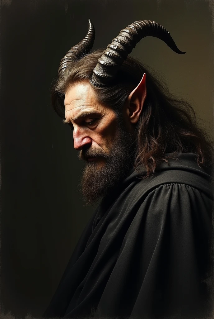 A sketch in the painting style of Jan Matejko showing a portrait of a mature, wise devil with horns and long hair. The head is in semi-profile, the face is dignified, focused, full of attention, slightly tilted. Eyes looking down, slightly closed. The whole thing is presented in dark tones, only the head is illuminated with strong light casting an interesting chiaroscuro.