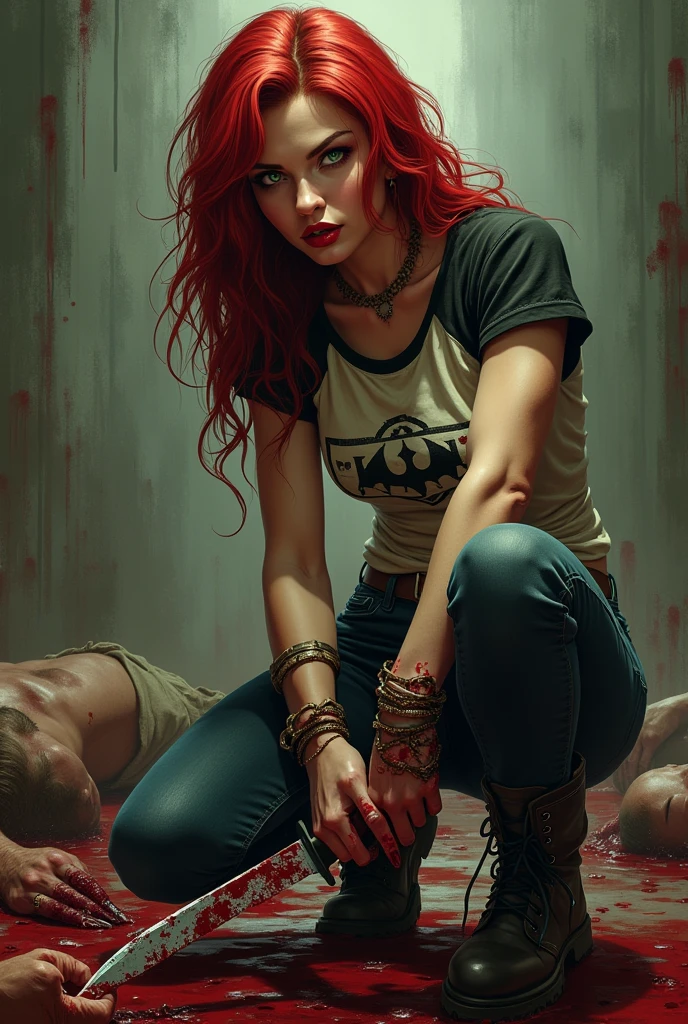 Seductive and Beautiful young woman with a soul of pure evil and hatred. Alluring green eyed, long red haired serial killer wearing a punk rock raglan top, skinny jeans, and combat boots. Surrounded by blood and bodies. She attacks a man viciously, A bloody knife in her right hand. A sinister smile crosses her glossy red lips.