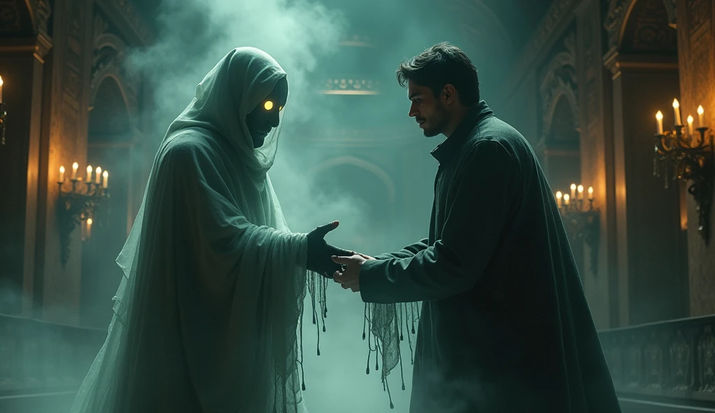 In the heart of the palace, Vinay faces the ghostly apparition once more. The ghost’s eyes glow menacingly as it offers Vinay a grim choice: submit to its will or face death. Vinay’s expression is one of intense fear, but he clutches the ghost’s cloak, ready to fight for his life.