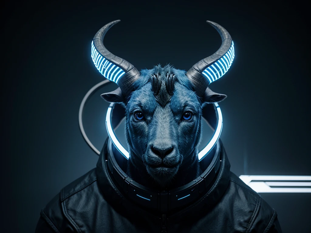 "Create a highly detailed 3D illustration of a blue goat's head designed as an NFT, with a futuristic and high-tech theme. The goat head should be blue in color and represent a powerful, authoritative figure, like a CEO. The design should incorporate elements of RAM (computer memory), making the horns and other features of the goat head look like intricate, glowing circuits and chips. The overall style should be sleek, modern, and slightly abstract, with a blend of organic and mechanical textures."