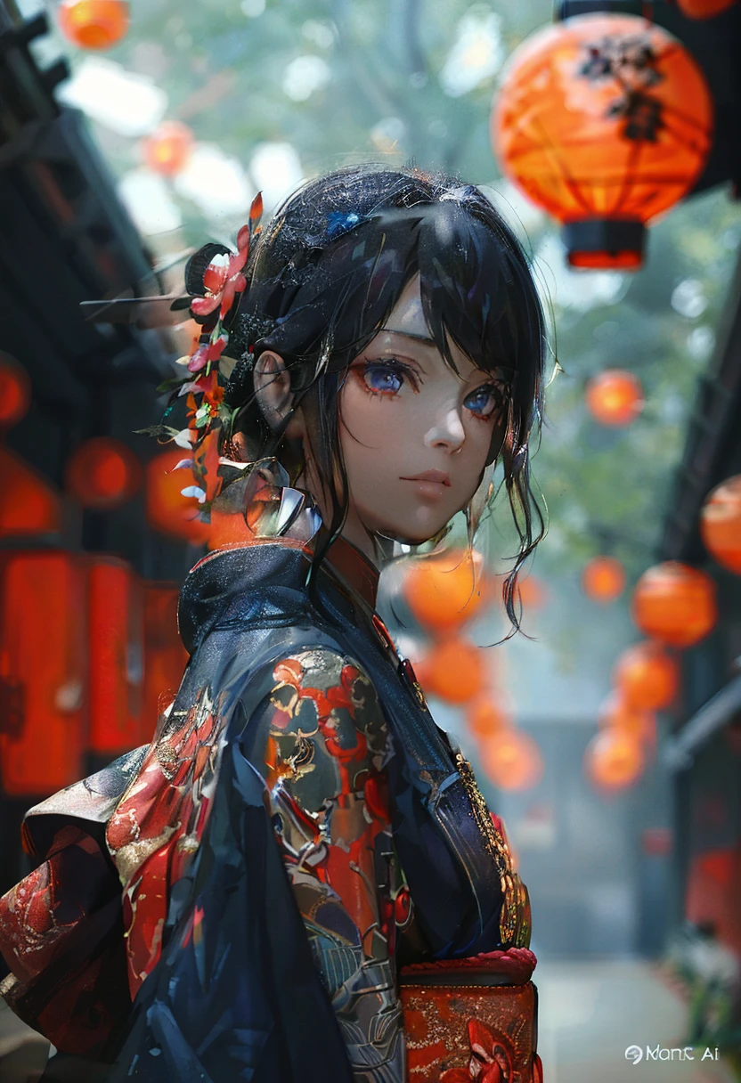 Full body portrait of a young woman in anime style.., long, Black Hair, She wears a black kimono with red accents.、It is surrounded by a white mantle decorated with gold..He has deep blue eyes、with complex leaf and flower dissection.,Standing in a dynamic action pose.In the background is a sunset and many shops lined up.、The red lanterns are glowing gently..., Emphasizing its majestic and noble appearance., Visible from head to toe.