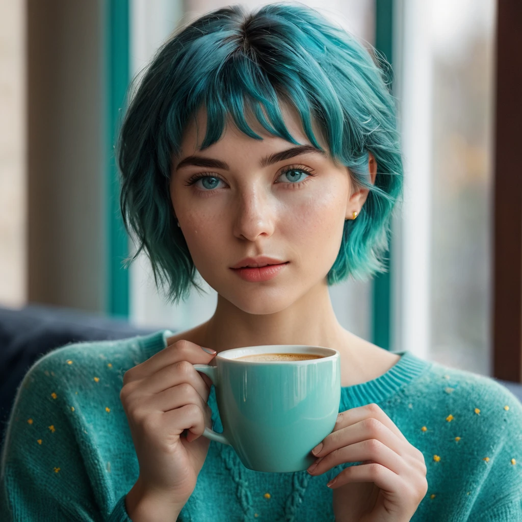 Woman 20 Years Old Nordic Ethnicity, short blue hair with a perfect face and light freckles, Blue-Green Eyes, A close-up of NovaiBrew’s hand holding a coffee cup, with soft morning light streaming in. She’s in a cozy yet elegant setting, perhaps with part of her in the frame, but the focus is on the coffee and the tranquil morning vibe. ((Wearing a beige sweater)), ((Color palette - turquoise, neon green, yellow shades))