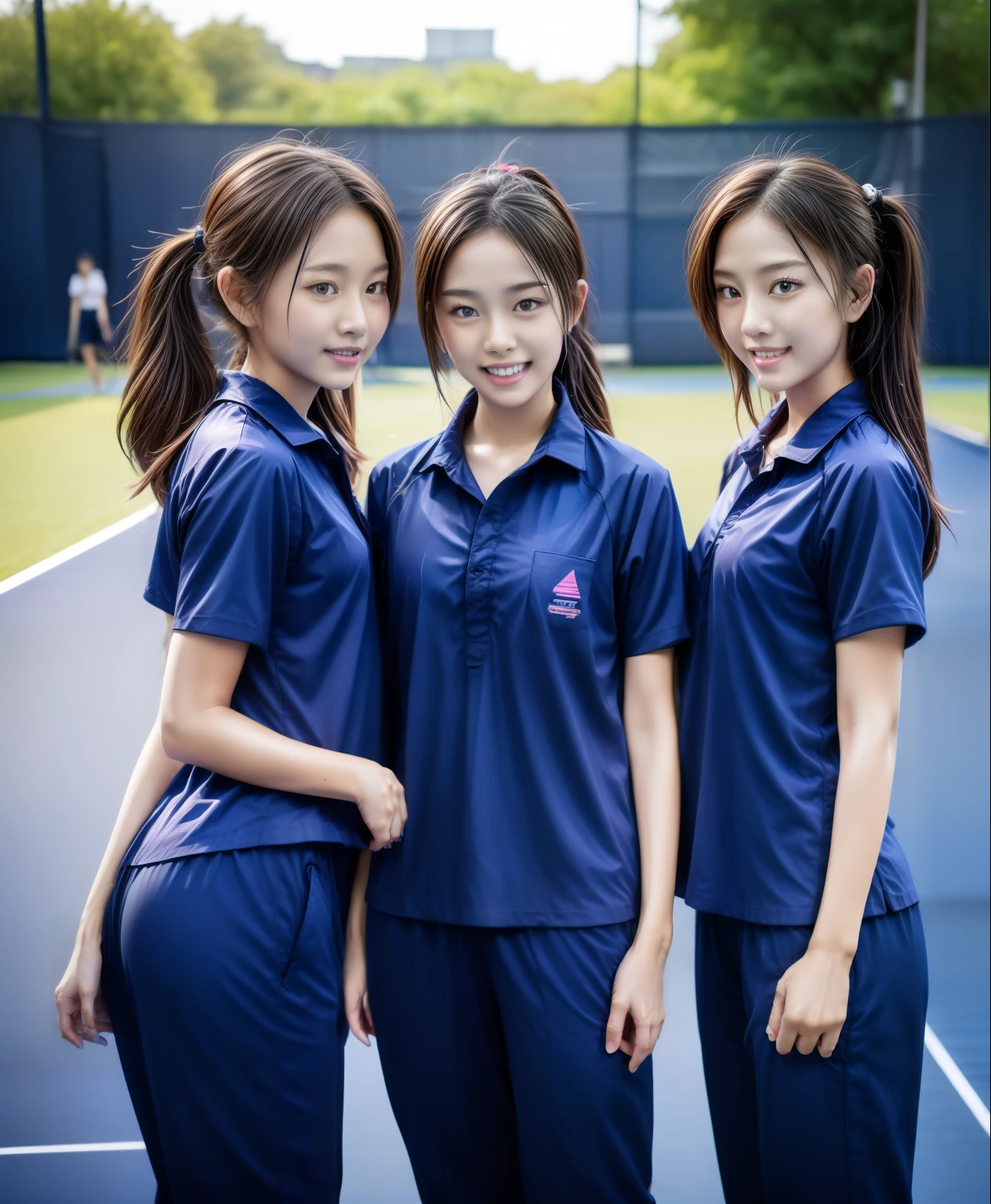 3 girls play tennis at tennis courts, Navy blue short-sleeved shirt,Navy Long Trackpant,Sweatpants, Sweatpantsขายาว,2 girl, lesbian, sexy, exercise clothes, wet body, exercise clothes