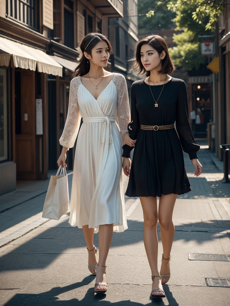 6,The chest is visible,With a paper bag in each hand,ボディコンdress,最high quality, masterpiece, High resolution, Two Women,dress, hair accessory, necklace, jewelry, Beautiful Face, On the body, Tyndall effect, Realistic, Walking down the street, (Skin with attention to detail: 1.2), 8k UHD, Digital SLR, high quality, Frank, photograph, High resolution, 4K, 8k,