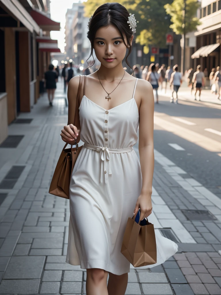6,The chest is visible,With a paper bag in each hand,ボディコンdress,最high quality, masterpiece, High resolution, Two Women,dress, hair accessory, necklace, jewelry, Beautiful Face, On the body, Tyndall effect, Realistic, Walking down the street, (Skin with attention to detail: 1.2), 8k UHD, Digital SLR, high quality, Frank, photograph, High resolution, 4K, 8k,