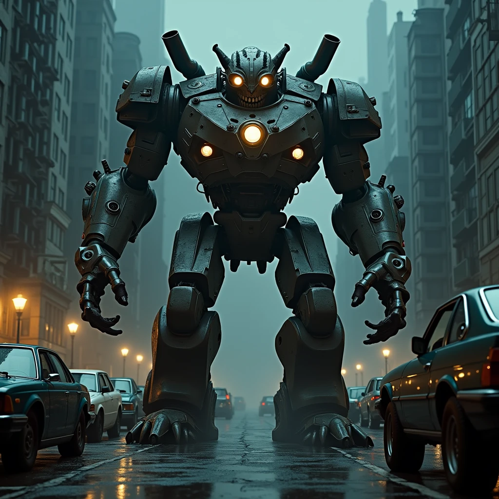 A massive, golem-like creature made of car parts, standing menacingly in a dark parking lot. The creature's body is covered in metallic armor, with glowing headlights for eyes and exhaust pipes as arms. The environment is filled with other parked cars, adding to the creature's camouflage. The atmosphere is tense and dark, with shadows playing across the scene.