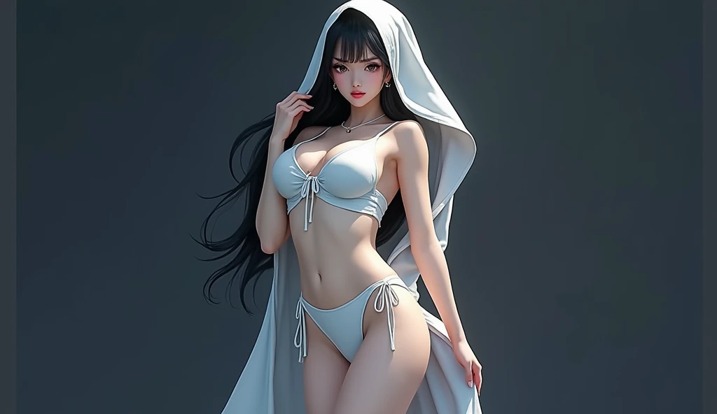 masterpiece, best quality, Very detailed, to the camera, 複雑に詳細なVery detailed, Practical, Distinctive features, Very detailed, Clear focus, Perfect face, Perfect face, Perfect symmetry,perfects eyes, Perfect plump lips, Flexible female form, Movie, lamp, Very detailed, hyper Practical, masterpiece, atmosphere, high resolution, Energetic, 动态工作室lamp光, ((Dark background)), Endure the expression of happiness, Straight bangs, black eyes,Kneel down,Hands on hips、butt、Spread your legs、lie、Supine、Sexually excited expressions、No clothes、((Top quality、8K、masterpiece:1.3)),(((Wearing a white micro bikini))),Girl with delicate face,Huge breasts, Highest image quality,Ultra-clear,Exquisite facial features and clear eyes, Texture 4K, Supine, Open your legs.