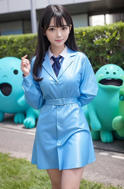 live-action schoolgirl alienation graduate School Slime monster researcher, female Patent rubber dress 動物化schoolgirlが緑色の培養液の入った大きなカプセルに入れられていて近くでSlime monster researcher, femaleが立っていてお互い見つめあっていて互いの目が緑色に光る Life-size capsule Multiple people