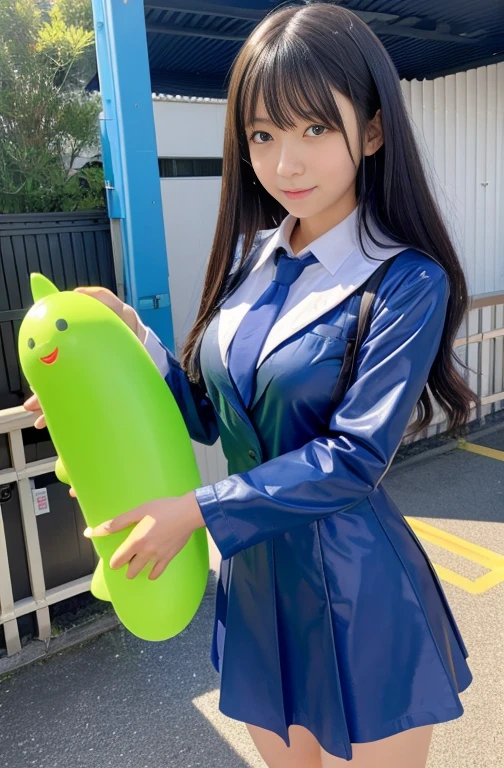 live-action　schoolgirl　alienation　graduate School　Slime monster researcher, female　Patent rubber dress　動物化schoolgirlが緑色の培養液の入った大きなカプセルに入れられていて近くでSlime monster researcher, femaleが立っていてお互い見つめあっていて互いの目が緑色に光る　Life-size capsule　Multiple people
