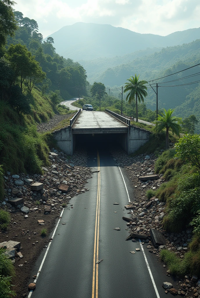 An asphalt bridge collapsed due to an earthquake in rural Indonesia.