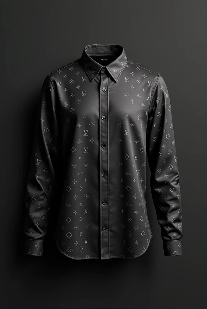 The shirt in the image features a sleek and sophisticated design. It is a button-down shirt with a dark base color, likely in shades of charcoal or dark gray. The shirt is adorned with an all-over monogram pattern that repeats across the entire fabric. The pattern seems to feature a subtle, elegant emblem, possibly in a lighter shade of gray or metallic, giving it a luxurious and high-end appearance.The shirt has a relaxed yet polished fit, with a classic collar and buttons running down the front. The fabric appears to be smooth, possibly silk or a high-quality satin, which gives it a slight sheen, enhancing its refined look. This design is perfect for both formal and semi-formal occasions, offering a blend of comfort and style.