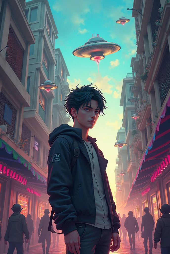 Anime man in the city of Sao Thomé das Letras, extraterrestrials, ships, elves and fairies, psychedelic 