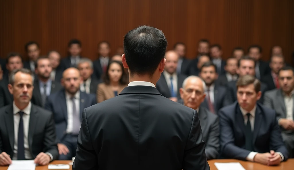A young Chinese man in a suit is speaking to politicians from various countries sitting in the lecture hall.，Politicians from all over the world are looking at men，No flag appears