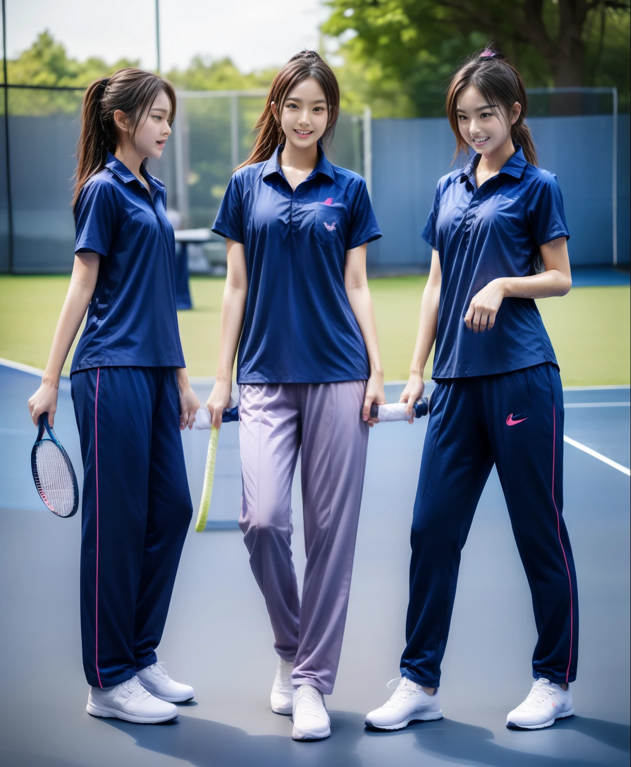 3 girls play tennis at tennis courts, Navy blue short-sleeved shirt,Navy Long Trackpant,Sweatpants, Sweatpantsขายาว,2 girl, lesbian, sexy, exercise clothes, wet body, exercise clothes