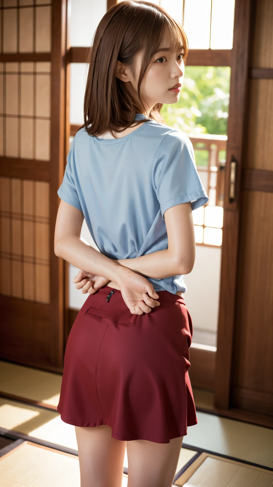 Highest quality, detailed, beautiful, insanely detailed, Absurd, Japanese women, Age 27, (thin), Light brown hair, Shiny Hair, Straight Hair, Delicate hair, Model body type, Hands should be put around the back, shibari, Bind tight, Wear a red short-sleeved blouse, Wear a navy blue skirt, Japanese Room , Standing on tatami mats , Viewer view from the front, Anatomically correct body, whole body,