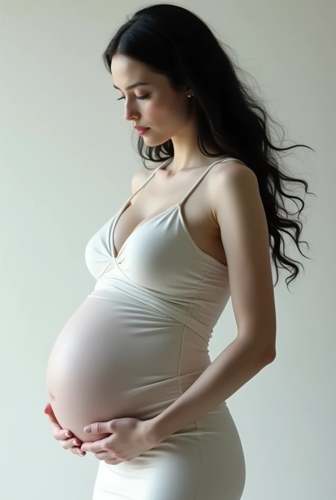 Draw me a woman with a huge belly, pregnant with triplets, beautiful white skin, black hair, wearing a tight dress