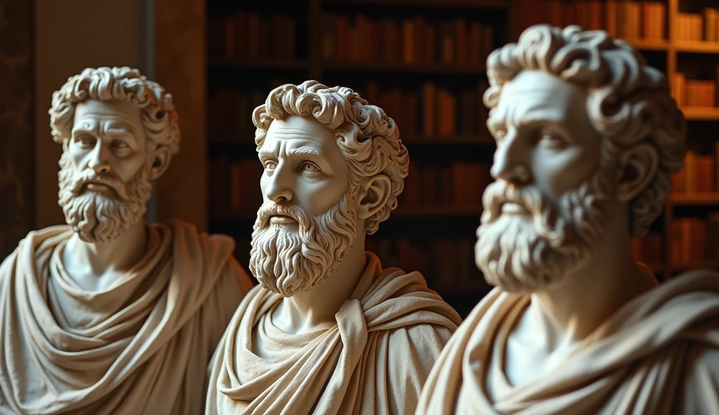 Three ancient philosophers, Marcus Aurelius, Epictetus, and Seneca, depicted as statues in a classical setting. The background shows a library filled with ancient scrolls and books, with a warm light illuminating their faces. The scene conveys a sense of wisdom, timeless knowledge, and deep contemplation.