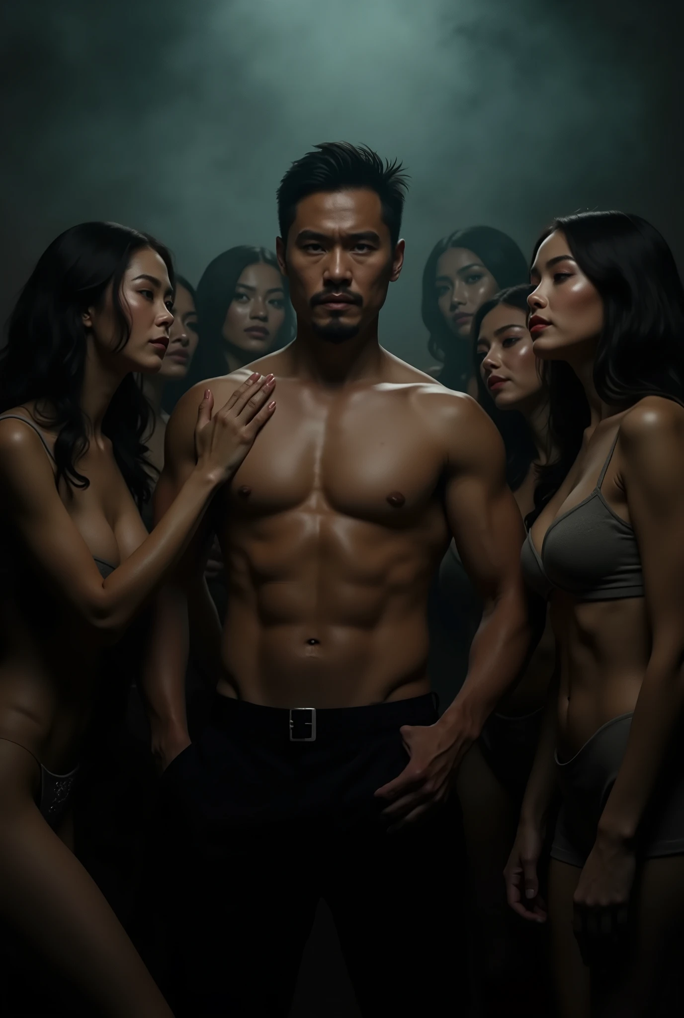 Asian alpha male is being surrounded and seduced by beautiful women, dark and mysterious background
