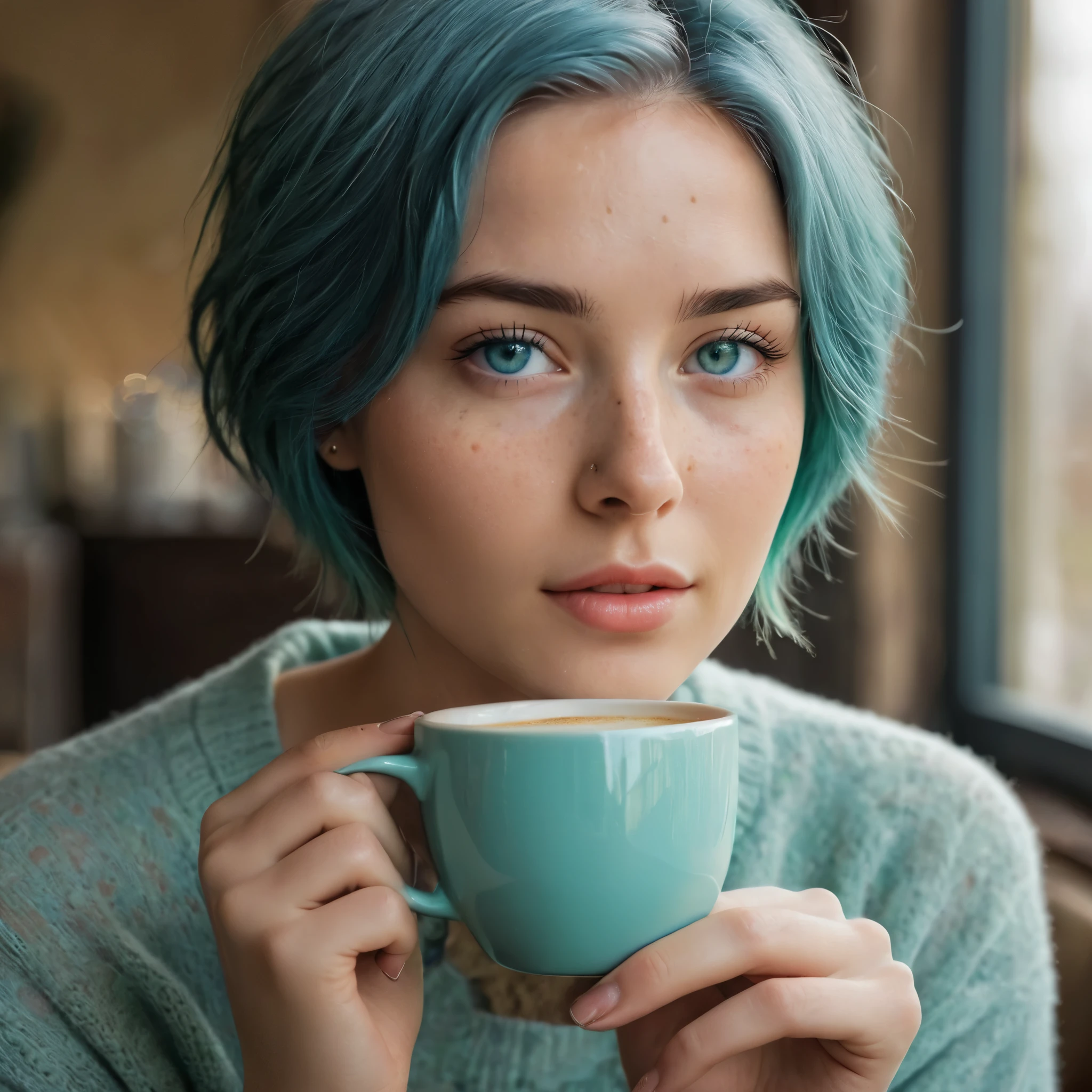 Woman 20 Years Old Nordic Ethnicity, short blue hair with a perfect face and light freckles, Blue-Green Eyes, A close-up of NovaiBrew’s hand holding a coffee cup, with soft morning light streaming in. She’s in a cozy yet elegant setting, perhaps with part of her in the frame, but the focus is on the coffee and the tranquil morning vibe.((Color palette - turquoise, neon green, yellow shades))