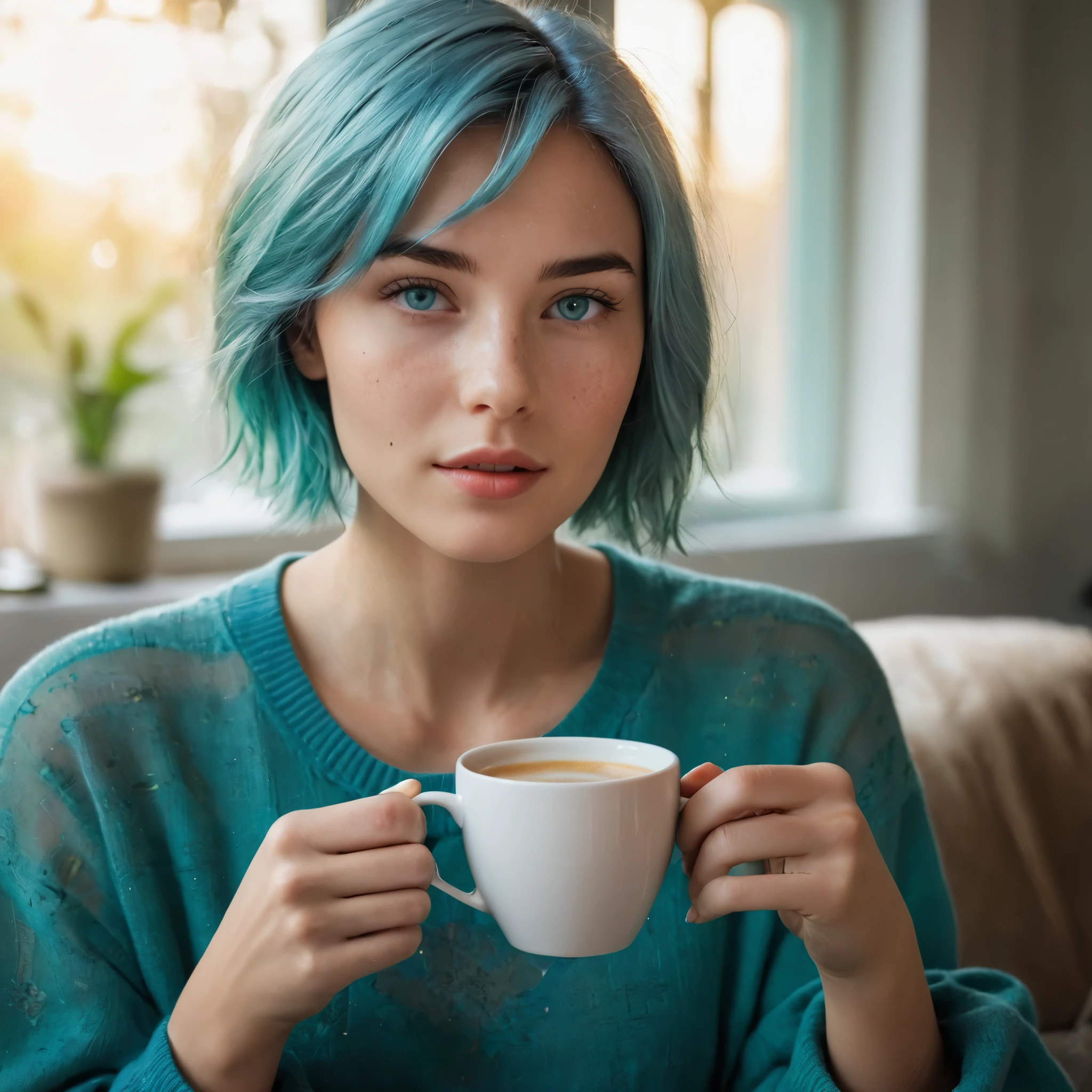 Woman 20 Years Old Nordic Ethnicity, short blue hair with a perfect face and light freckles, Blue-Green Eyes, A close-up of NovaiBrew’s hand holding a coffee cup, with soft morning light streaming in. She’s in a cozy yet elegant setting, perhaps with part of her in the frame, but the focus is on the coffee and the tranquil morning vibe.((Color palette - turquoise, neon green, yellow shades))