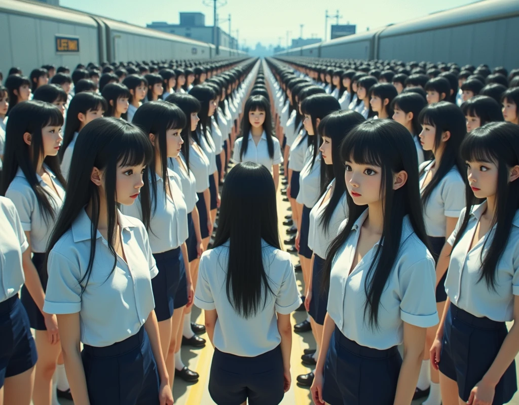 (((((Japanese Clone-girls=Myself))))), (((Super Best masterpiece Clone-girls Raw Photography Art))), (((16K, Highest quality, Ultra-high resolution, RAW Photos))), (((It's so unrealistic., With unparalleled depiction, With an unfathomable sight, An unprecedented and shocking worldview, Clone-girls: In a world of mass reproduction, Ultra-realistic))), (((Japanese Girls, Yokoyama-Yui, 18yo, Small face, Thick black hair, long hair, Dark Eyes, Mature face, Cute Smile, Smiling face, A gentle gaze, (((Very pleasant look)))))), (((Very beautiful detailed girls, Accurate body structure, Accurate body movements, Very detailed body, (((Super big breasts, Large bulge of ample breasts)))))), (((high school girl, White shirt, Short skirt, hour々I can see your pants, Cleavage Emphasis, Emphasise the fullness of your breasts))), ((((((((Very detailed, Myself cloning, Depiction of splitting oneself, 1Myself girl→1,000,000,000,000,000,000,000,000,000,000Myself cloning girls)))))))), (((((((Myself clone-girlsから, Myself keeps multiplying, (Very detailed and intricate, To the exact, Flawless, (((In the same female body,With the same face, With the same hairstyle, In the same clothes, At the same height, 同じSuper big breastsである))), In a detailed depiction), 1,000,000,000,000,000,000,000,000,000,000 people))))))), (((((Myself girls only))))), (((((1,000,000,000,000,000,000,000,000,000,000Myself girls))))), Myself waiting for a train on the station platform, Watching the crowd from the opposite platform, The wind is blowing, Dozens of rows of them lined up side by side