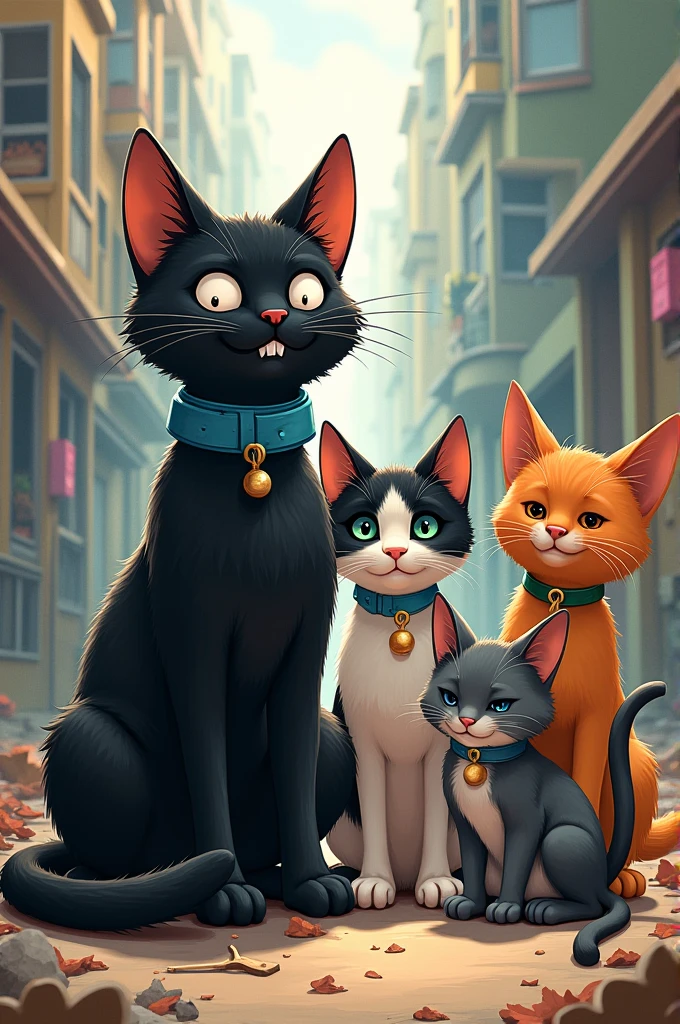 Gang of 4 cats. 
1 black cat without 1 hind paw, wearing diapers and a blue chest collar.
1 black and white cat 1 tricolor cat 1 gray tabby cat