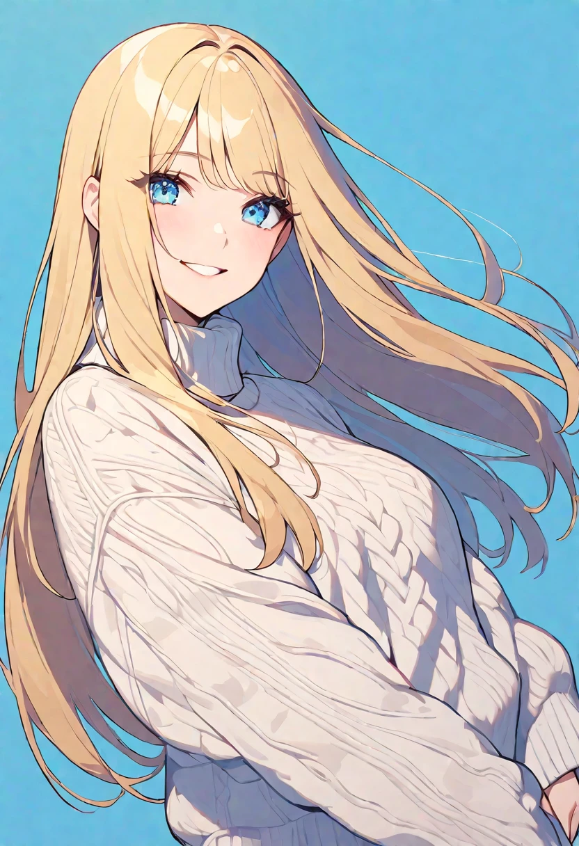 solo, good looking,1. woman,Straight Hair,Blonde,Blue Eyes,Soft impression,sweater,Highest,skin,,smile,,Blue background,sexy,Sexy,tits,