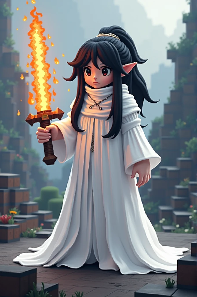 Wearing white clothes carrying a fire sword black and white hair minecraft man
