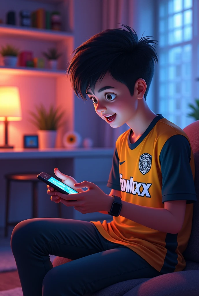 An 18years old boy playing game on his mobile and jersey is named by Evo Maxx is written on his back side of jersey