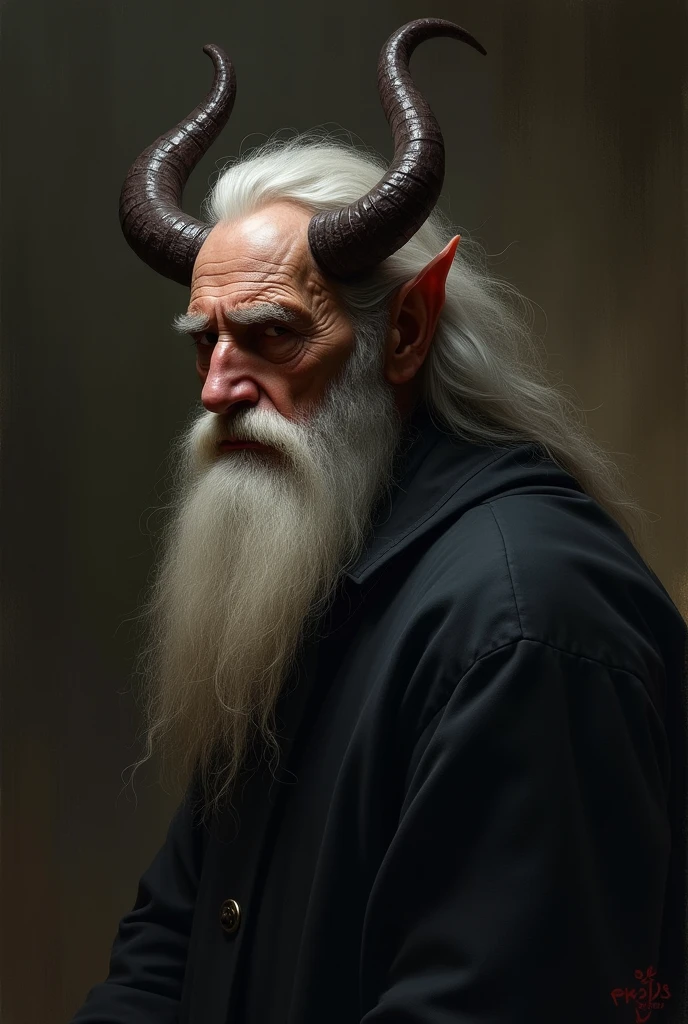 A sketch in the painting style of Jan Matejko showing a portrait of an old, wise devil with horns and long hair. The head is in semi-profile, the face is dignified, focused, full of attention, slightly tilted. Eyes looking down, slightly closed. The whole thing is presented in dark tones, only the head is illuminated with strong light casting an interesting chiaroscuro.