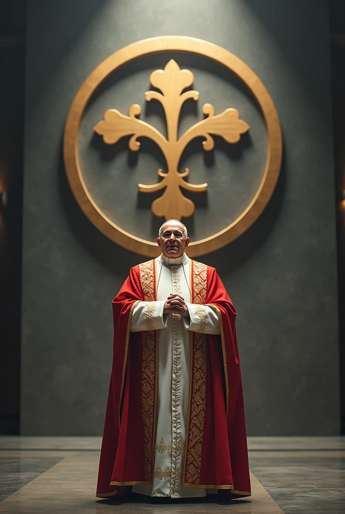 Une image avec le pape qui pris devant un logo bystronic