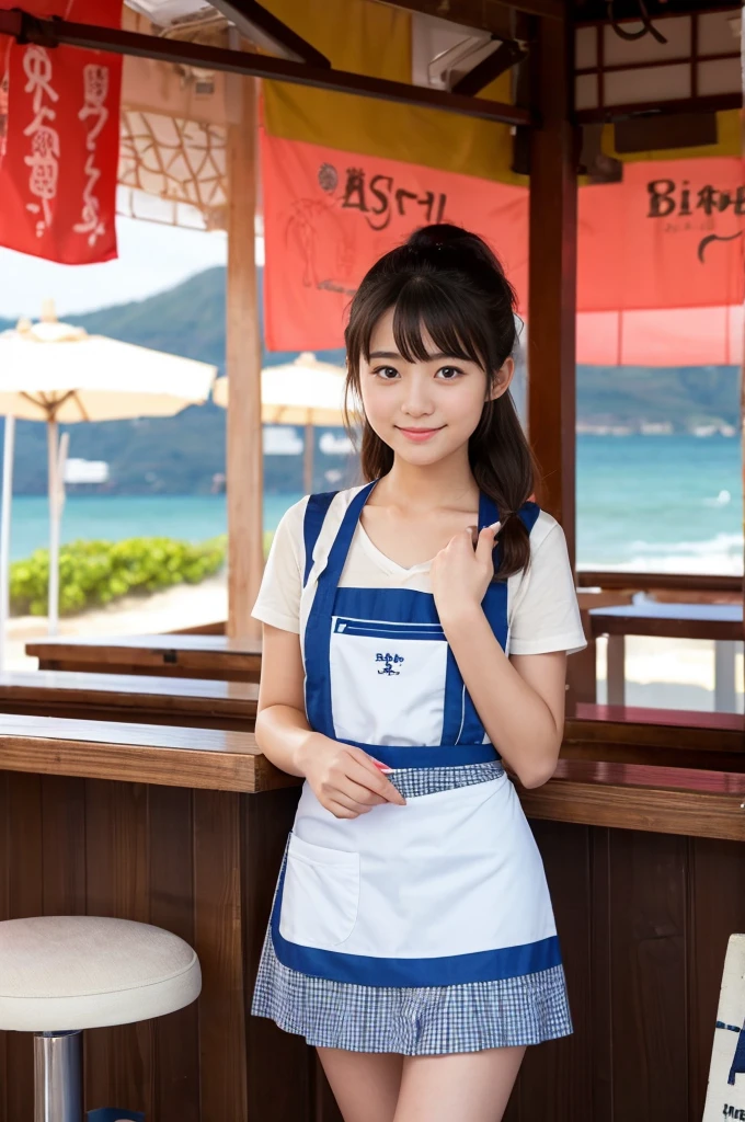 A girl (twenty years old, Japanese cute face) are wearing apron, mini skirt at the beach bar