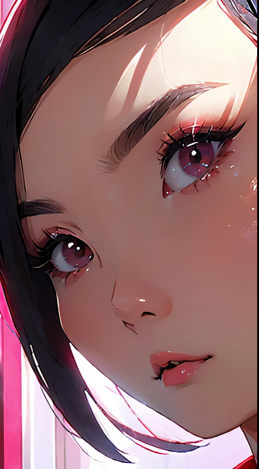 Beautiful and attractive Asian woman、Half-body photo、Delicate and sexy collarbone、Attractive oval face、double eyelid、bright peach-colored eyes、Pink Lips、Small Nose、Concentrated face、Face close-up、Black Hair、Bobcut、Ultra-high resolution、Super detailed、Extreme close-up、Red Shirt、Serious