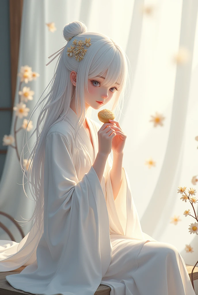 Japanese anime style，A little bit of realism，White-haired girl，Wear white，Eat small cock